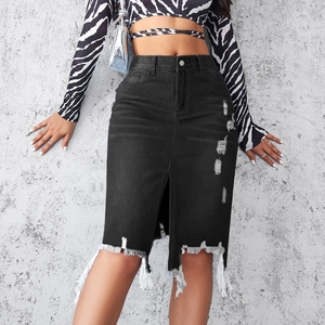 Slim fit high waist black denim midi skirt with distressed holes and long fringe hem