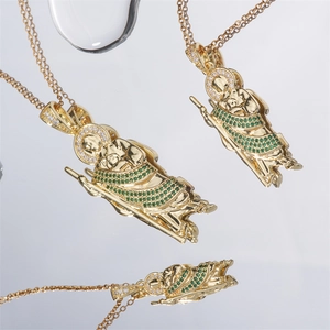 Religious Saint Jude gold pendant necklace featuring green cubic zirconia micro-inlay