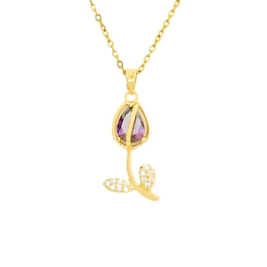 Elegant gold tulip pendant necklace featuring a purple opal stone and sparkling zirconia