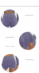 Close-up of purple ribbed yoga shorts with seamless high waist and scrunch butt detailing