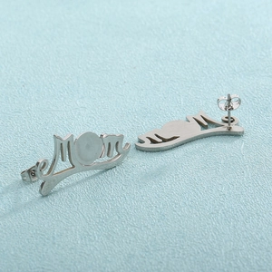 Polished silver stainless steel MOM stud earrings showing front and back view details