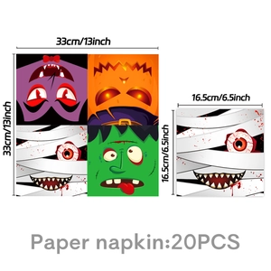Detailed size guide for Halloween paper napkins with spooky vampire and mummy designs