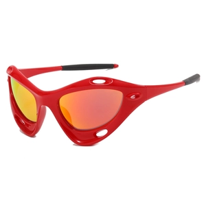 Y2K sporty windproof sunglasses with red frame and orange lenses in a 45-degree side view