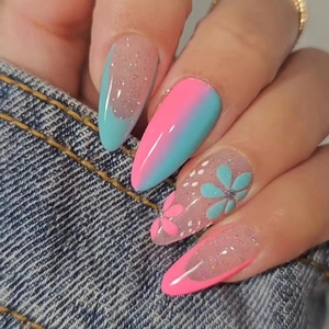 Press On Nails Long Almond Blue Pink Gradient Flower Pattern Silver Glitter Fake Nails For Women