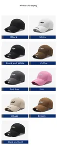 Détail de casquettes en coton en neuf coloris avec broderies CAP et FASHION élégantes