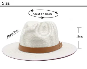 Detailed size guide for men's straw fedora hat showing brim width and head circumference