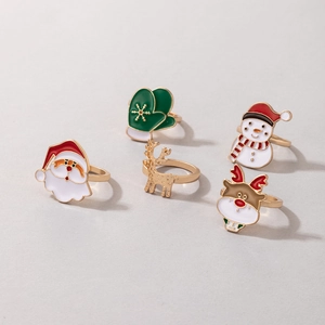Five-piece Christmas ring set with Santa Claus, snowman and reindeer enamel designs