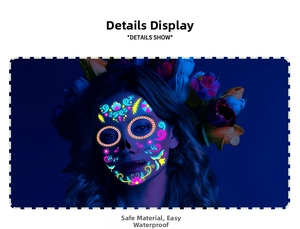 Detail show of fluorescent Day of the Dead face tattoos with waterproof safety material