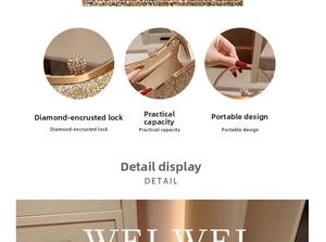 Detailed views of gold glitter evening clutch with rhinestone clasp and ring handle
