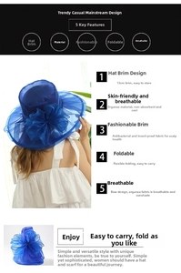 Detail of 13cm wide brim organza sun hat with large bow and foldable design feature