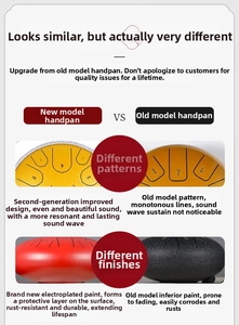 Comparison of 2nd Gen lotus pattern steel tongue drum with premium electroplated finish