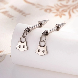 Titanium Alloy Cartilage Piercing Stud With Spike And Dangle Hollow Cat Head Pendant Punk Cool Style Jewelry