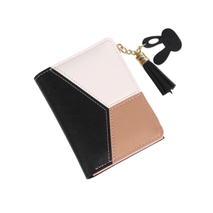 Portefeuille patchwork tricolore pour femmes avec gland noir et pendentif lapin élégant