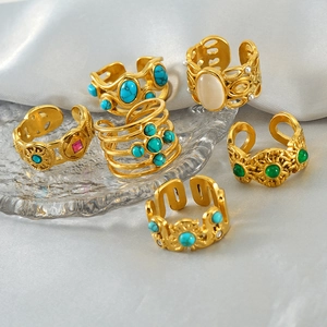 Vintage Bohemian Adjustable Open Rings For Women Stainless Steel 18K Gold Plated Turquoise Opal Zircon Ethnic Jewelry