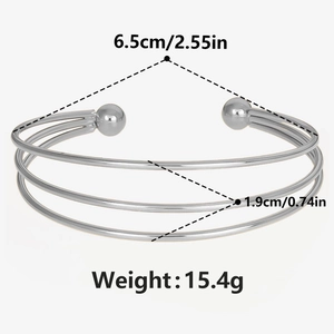 Detailed view of silver minimalist 304 stainless steel cuff bangle with size dimensions