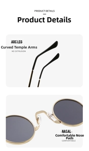 Detail view of gold metal frames with arc legs and comfortable nose pads on retro round sunglasses