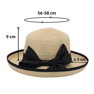Detail showing dimensions of beige straw sun hat with black ribbon and wide brim