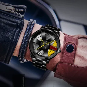 Close-up of a men's quartz watch featuring a 3D car wheel rim dial and yellow caliper