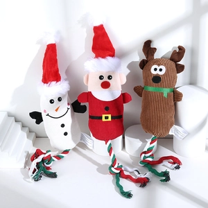 Three-piece Christmas themed corduroy pet toys with snowman, Santa, and reindeer designs