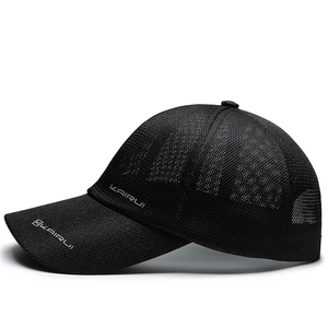 Lightweight black mesh baseball cap for outdoor sun protection with breathable polyester fabric