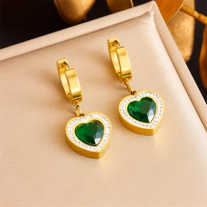 Fashion Stainless Steel Heart Pendant Hoop Earrings Green Crystal Rhinestone Inlaid Jewelry For Women Commuter Daily Gift