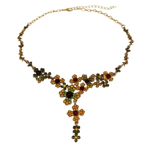 Vintage-Halskette mit goldfarbenen Blumen, bunten Strasssteinen und verstellbarer Kette