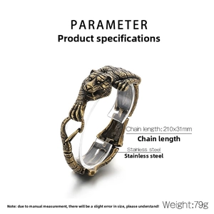 Detailed view of vintage tiger head bracelet with weight 79g and dimensions 210x31mm
