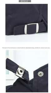Detail of navy herringbone fabric and adjustable metal back buckle on the cap