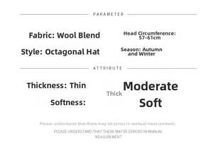 Detail showing wool blend newsboy cap specifications, 57-61cm size, and autumn fabric info