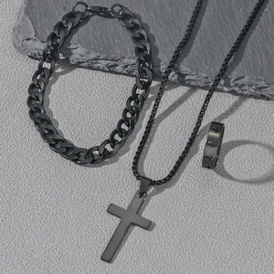 Black Stainless Steel Cross Necklace Cuban Bracelet And Ring Jewelry For Men Fashion Punk Gothic Style Accessory