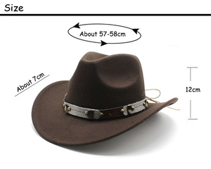 Brown western cowboy hat with studded band showing detailed size measurements