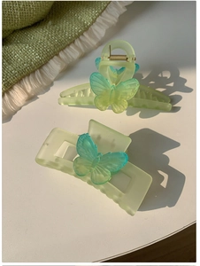 Detail of gradient blue and green butterfly hair claws in large rectangle and curved styles