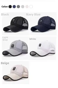 Breathable mesh baseball caps in black, navy, grey, white, and beige with side patch detail