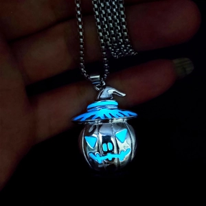 Luminous Halloween pumpkin pendant necklace with blue glow and stainless steel chain