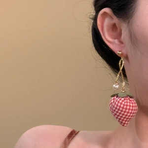 Handmade strawberry drop earrings with red checkered fabric and pearl accents for women