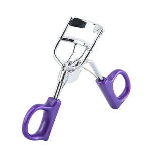 Detail view of manual eyelash curler with purple handles and silver metal frame