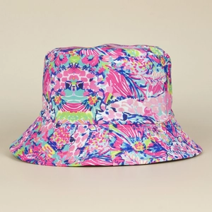 Colorful bucket hat with tie-dye pattern and lettering print for outdoor sun protection