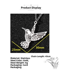 Detail showing hummingbird pendant dimensions 30x23mm and 45cm stainless steel chain