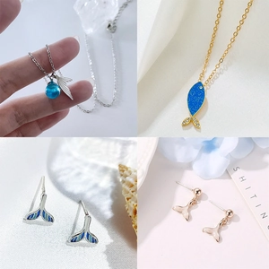 Mermaid tail jewelry set including blue whale pendant necklaces and stud earrings
