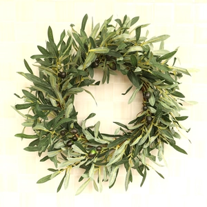 Green artificial olive leaf wreath with berries for home door and wall decoration