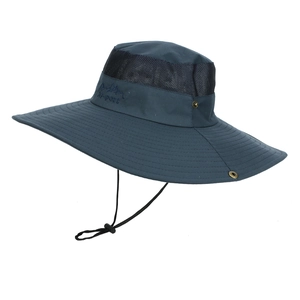 Detail of navy sun hat with breathable mesh, wide brim, and Hi-sport mountain embroidery