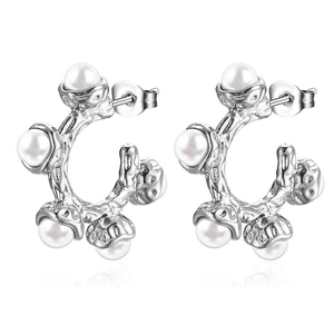 Chic silver stainless steel hoop earrings featuring inlaid pearls and irregular texture