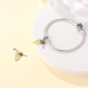 Silver snake chain bracelet with colorful pizza and honey dipper enamel charms
