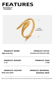 Detailed spec view of an 18K gold-plated adjustable snake ring in stainless steel