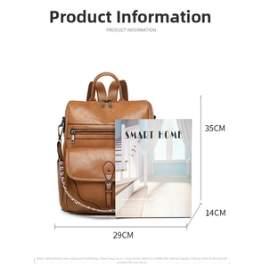 Detailed view of vintage brown PU leather backpack dimensions with storage pockets