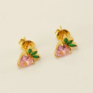 Pink heart-shaped strawberry earrings in gold-tone stainless steel with green leaf accents