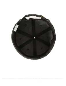 Detail view of cotton docker cap interior with reinforced seams and adjustable metal buckle