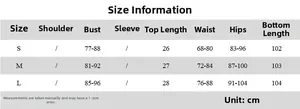 Size chart detail for the summer set showing top length, bust, waist, and skirt dimensions