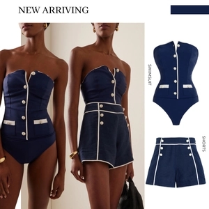 Navy blue strapless swimsuit set with white piping and buttons high waisted shorts