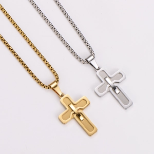 Polished gold and silver double-layered cross pendant necklaces with box chains